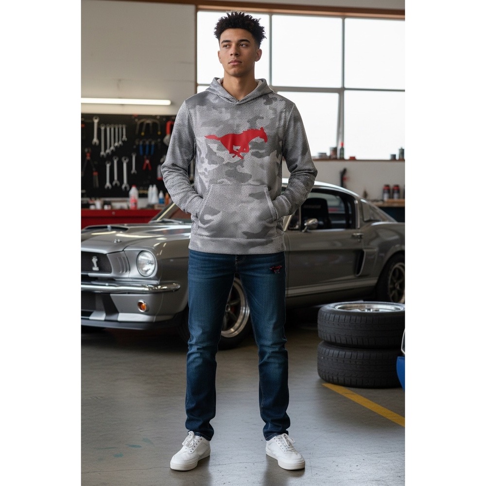 Ford Mustang Mens Camo Graphic Hoodie Grey Red Pony Logo Sweatshirt Camouflage